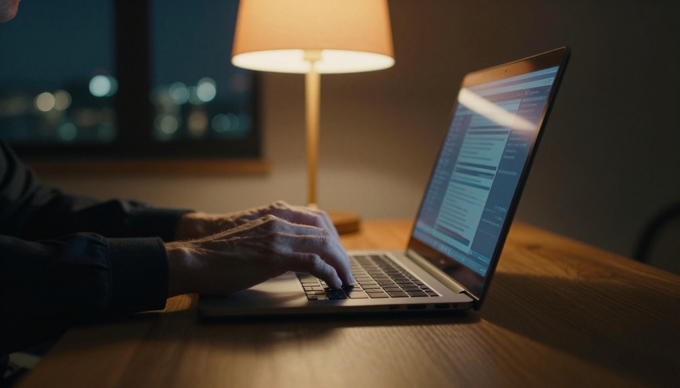 Person typing at laptop in low-angle night lighting