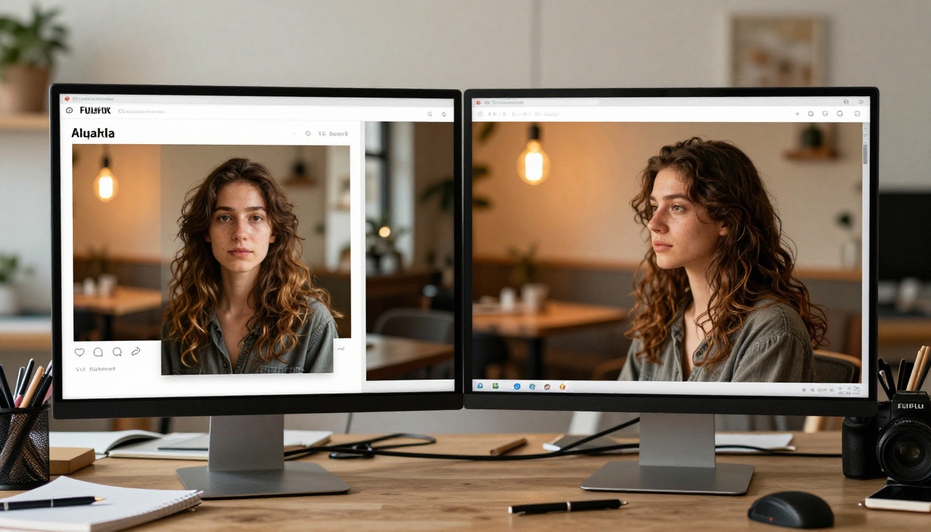 Monitor displaying side-by-side AI portrait comparison