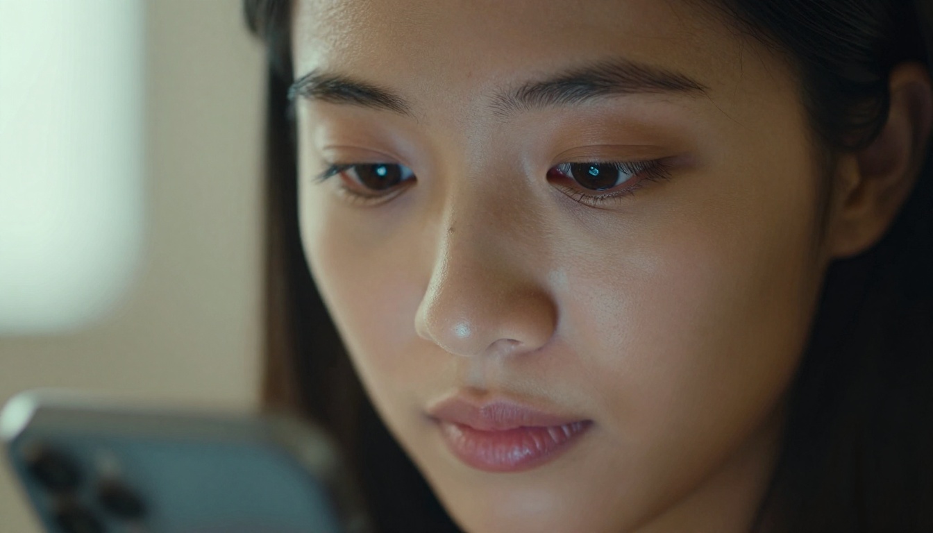 Close-up portrait of a woman's face lit by phone screen glow