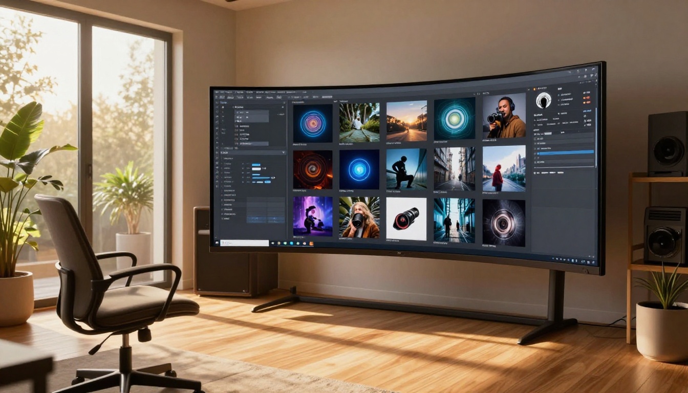 Wide shot of a modern home studio with ultrawide monitor showing AI image grid