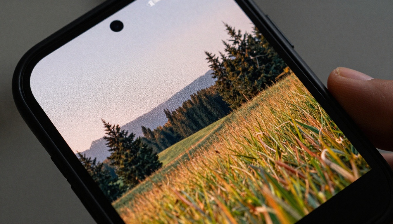 Macro close-up of smartphone screen showing an AI landscape