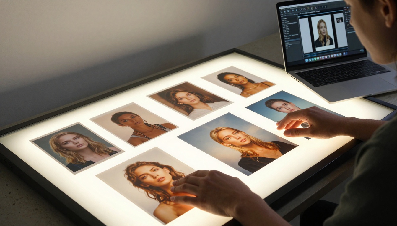 Designer reviewing printed AI artwork on a glowing light table