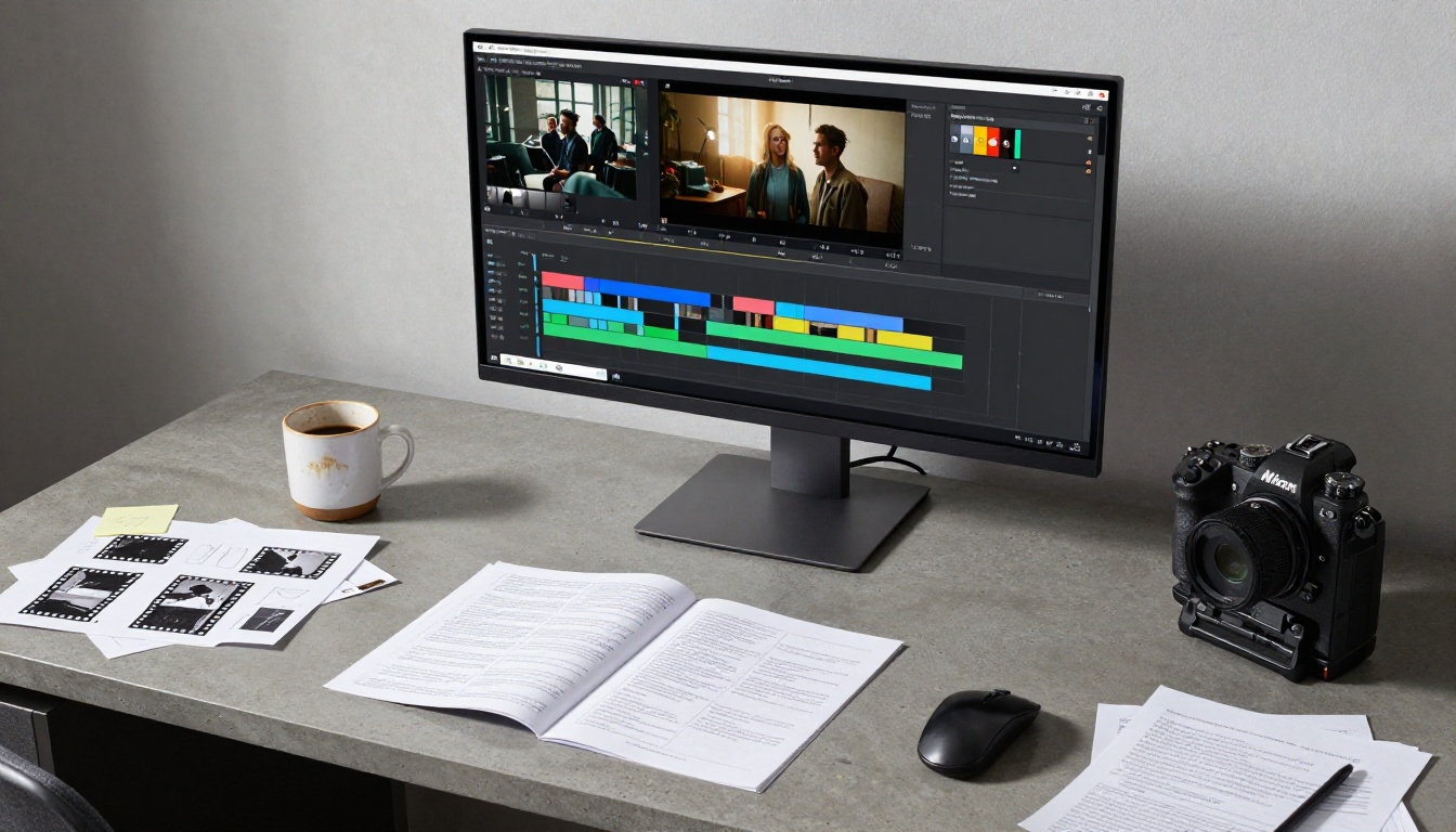 Aerial view of a filmmaker's editing workstation with cinematic timeline