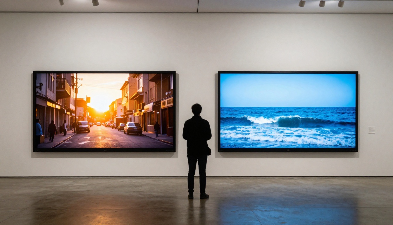 Two large gallery screens displaying competing cinematic AI video frames