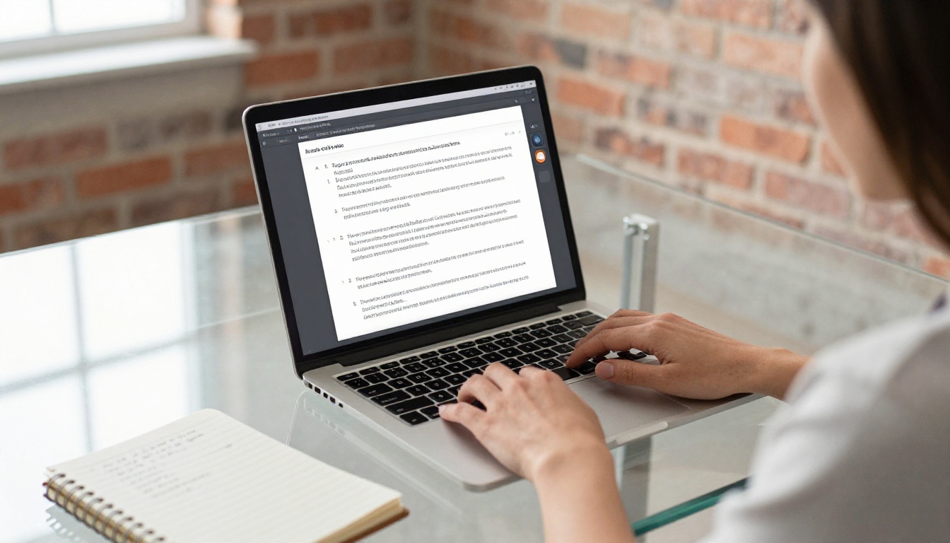 Female videographer typing a detailed prompt on a slim laptop in a bright loft