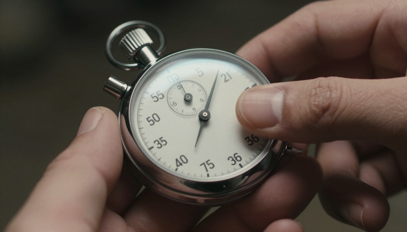 Macro close-up of a chrome stopwatch held in a hand with dramatic sidelight