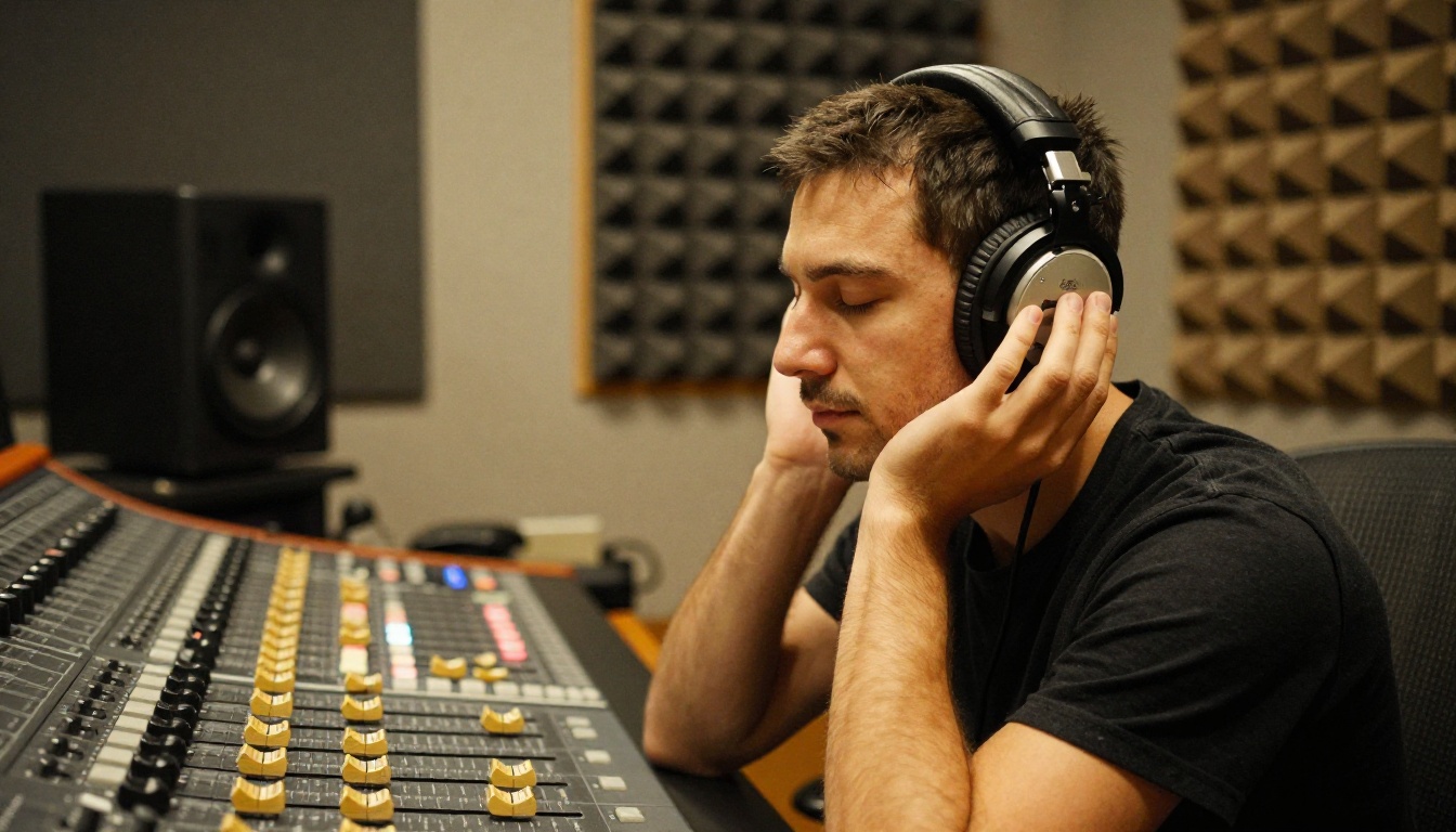 Professional sound designer at a mixing console wearing studio headphones