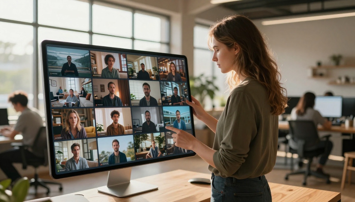 Creative professional browsing AI video thumbnails on an iPad in a coworking space