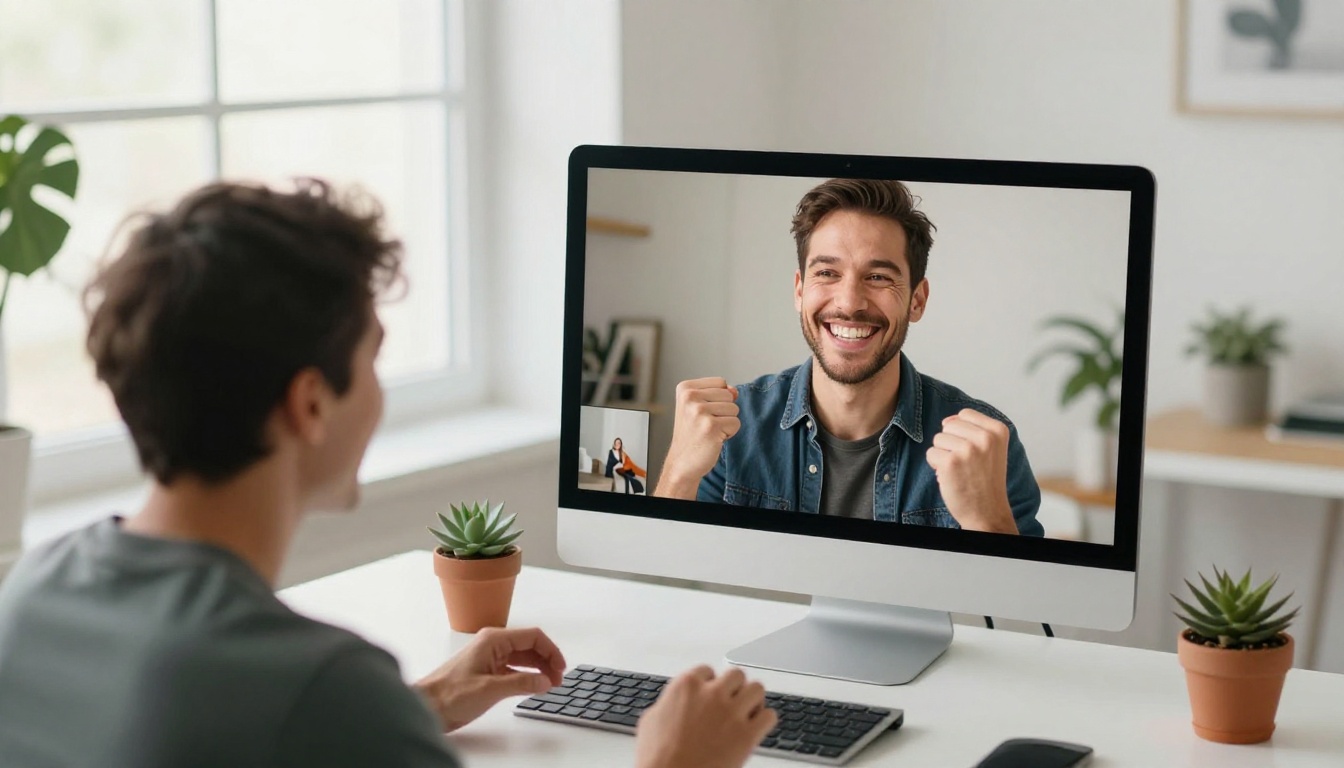 Content creator at desk smiling at completed AI video clips on monitor