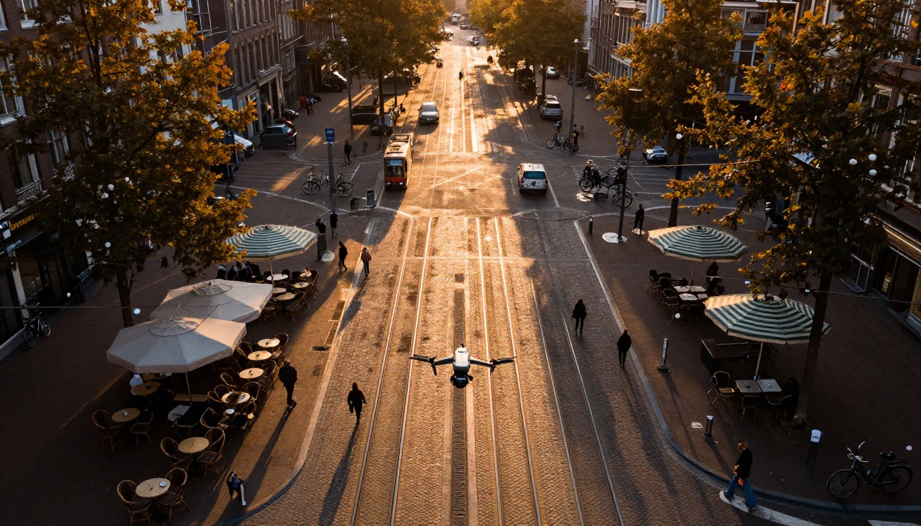 Aerial view of a European city intersection at golden hour with cobblestones