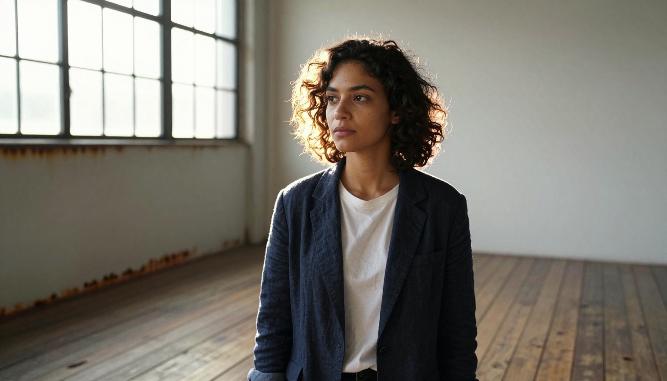 Woman with backlit rim light at industrial warehouse window