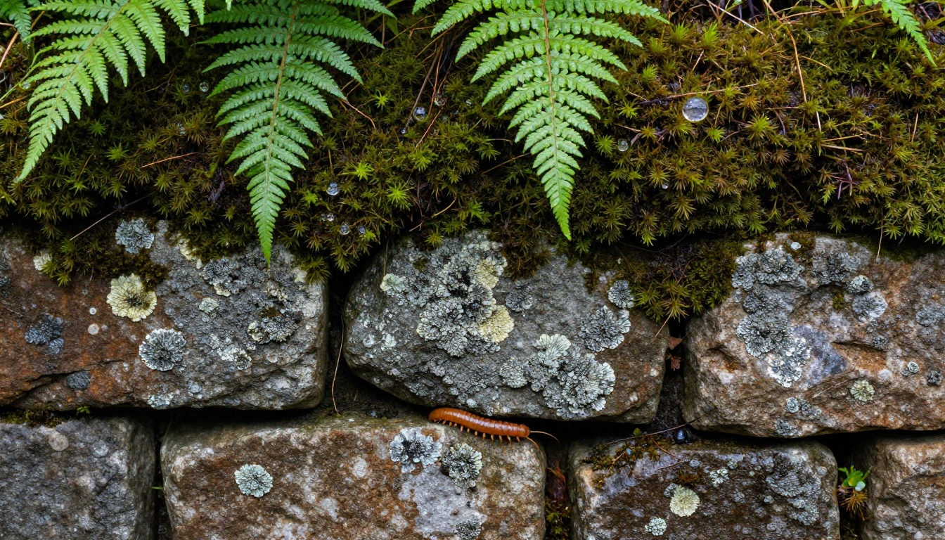 Ancient stone wall covered in moss and lichen with rainwater droplets