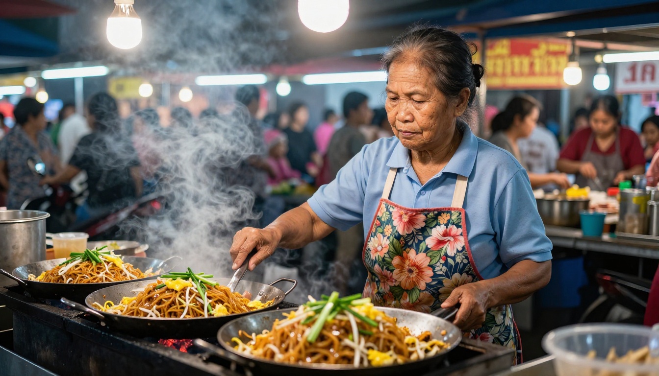 Street food vendor at a Southeast Asian night market with a charcoal grill
