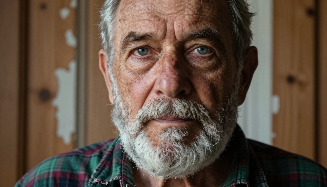 Close-up portrait of elderly man with deeply weathered skin and silver beard