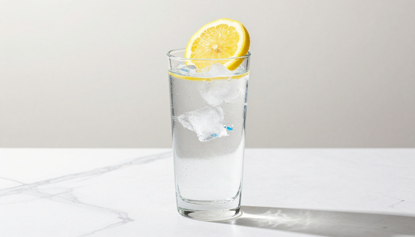 Minimalist product photography of a clear glass of water on white marble