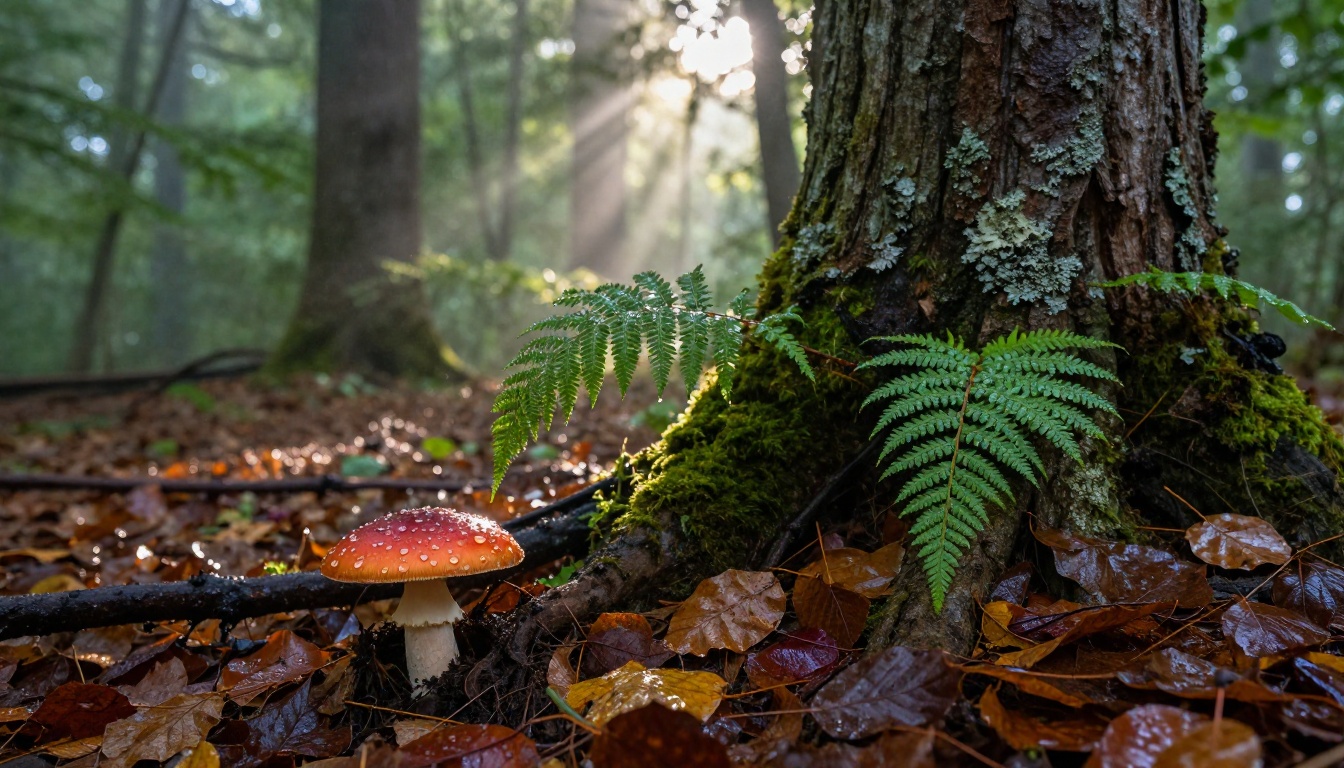 Forest floor with morning light rays and red mushroom after rain