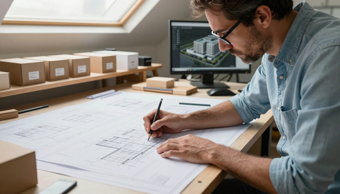 Architect working at a drafting desk in a sun-filled studio loft
