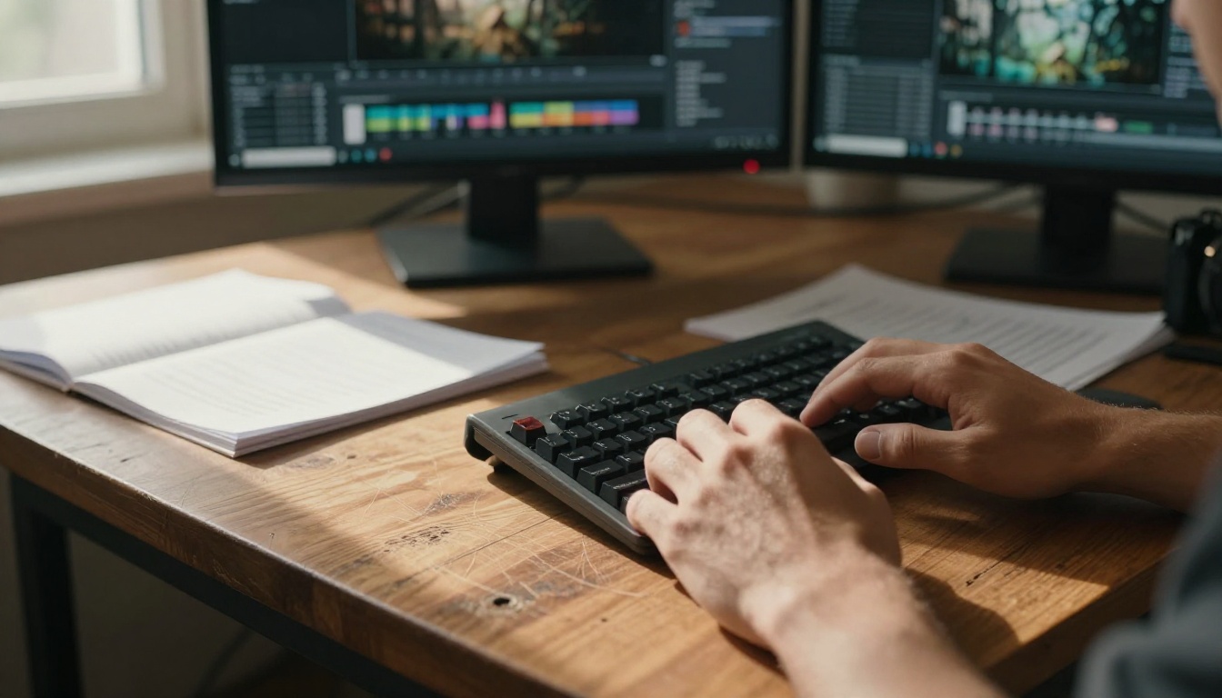 A filmmaker at a dual-monitor editing workstation reviewing AI-generated video previews