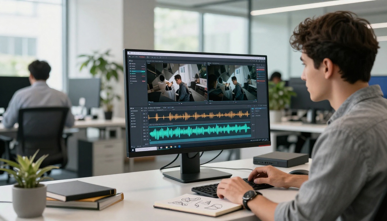 A creative director reviewing AI-generated video clips at a minimalist office desk