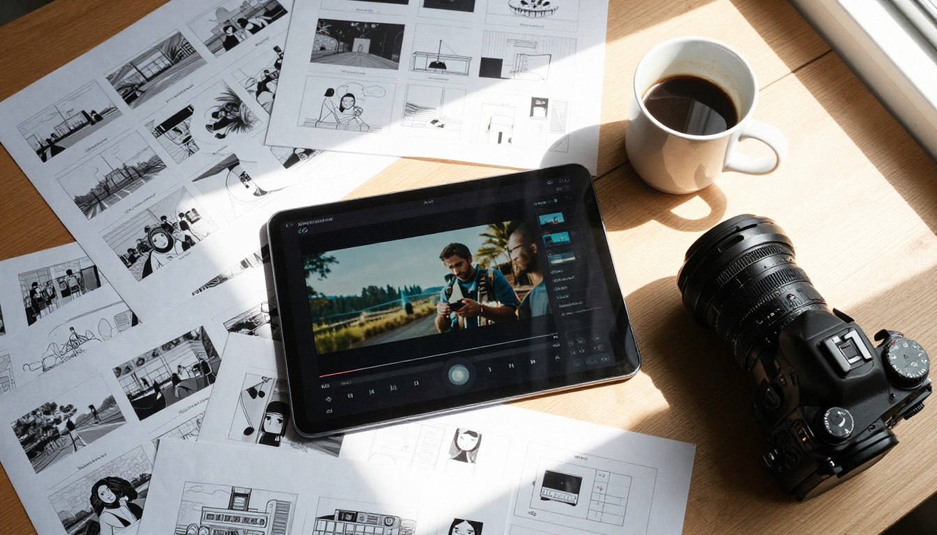 Aerial view of a filmmaker's desk with storyboard frames, tablet, and camera gear