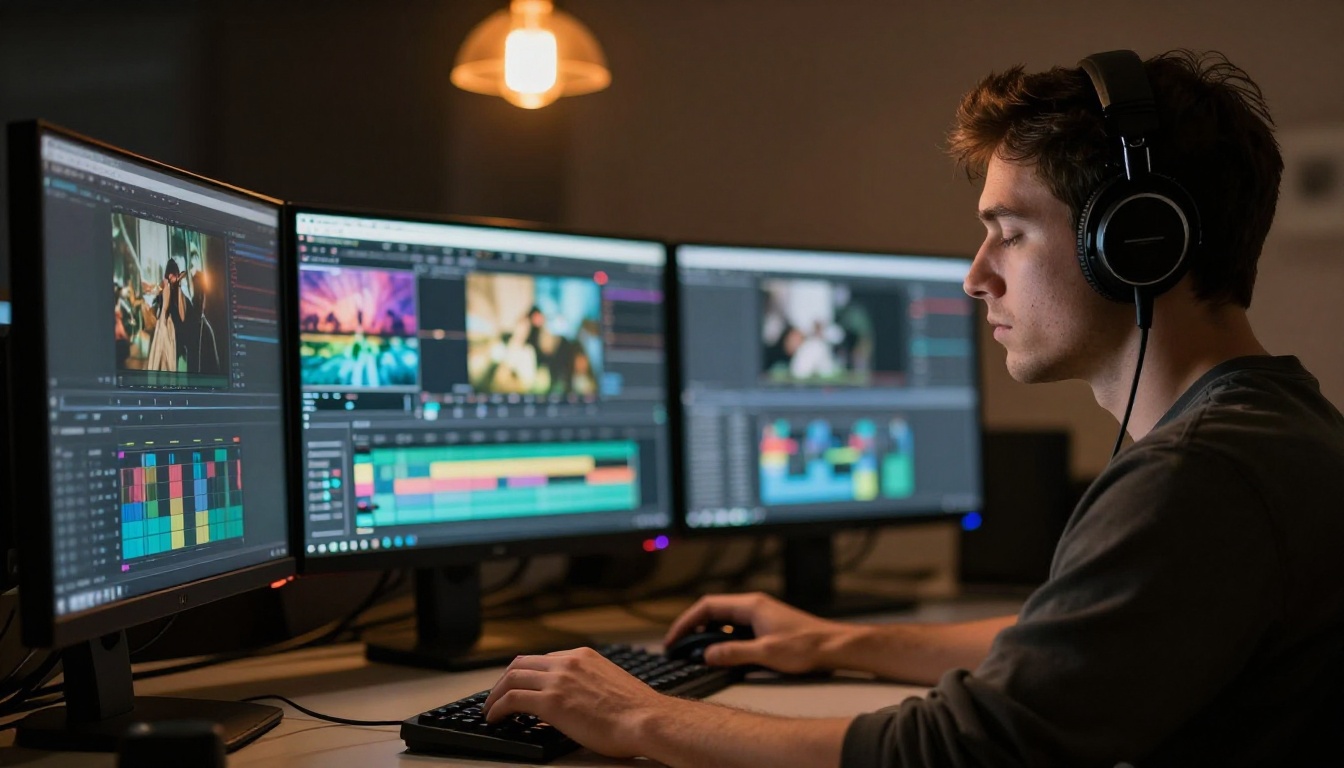 A video editor wearing headphones at a curved workstation with multiple monitors