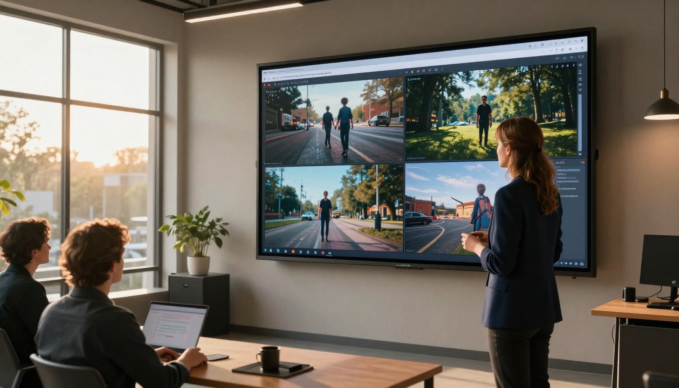 A female creative professional presenting AI-generated video results on a large wall-mounted screen