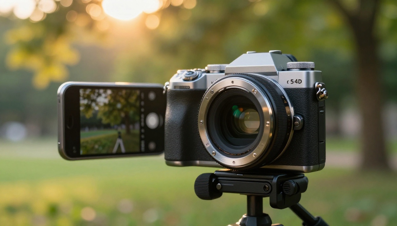 Camera and smartphone on tripods in a park during golden hour