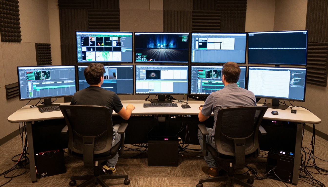 Two editors in a professional post-production suite with six monitors