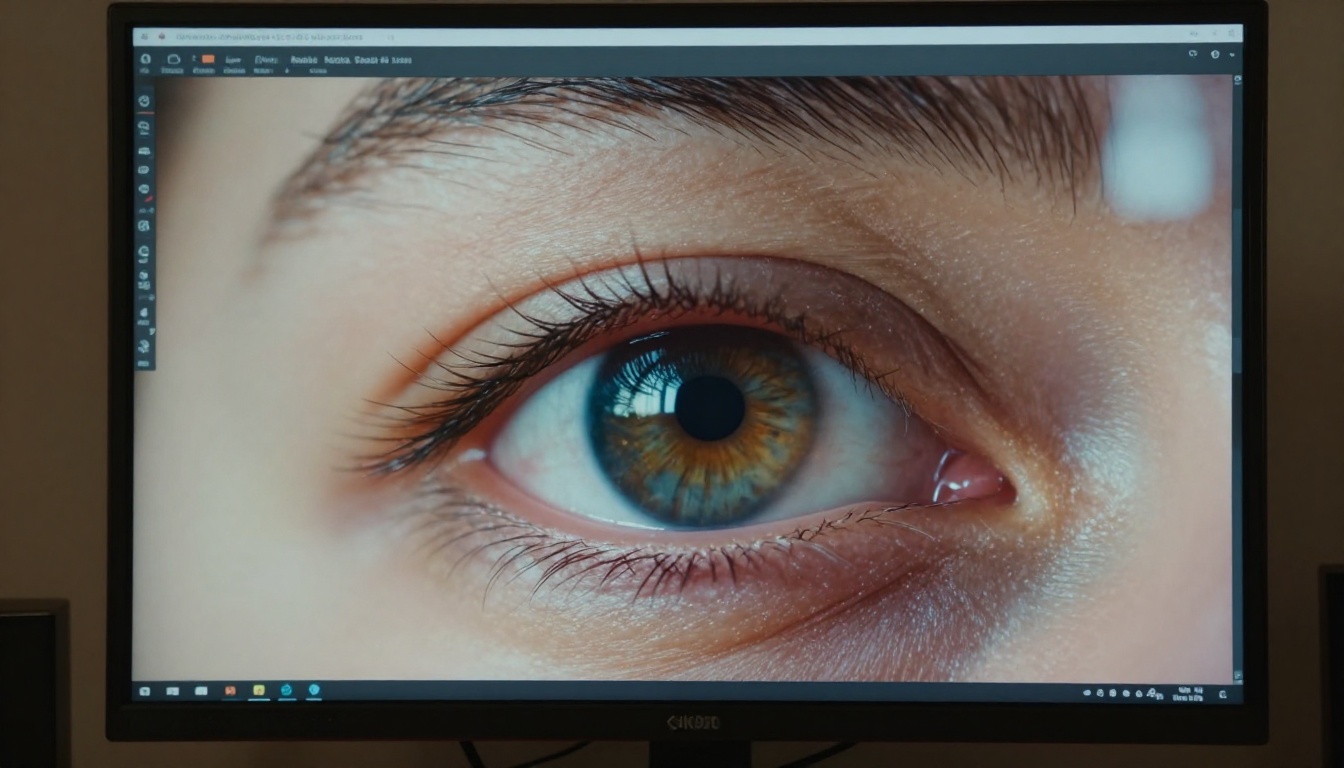 Close-up of a filmmaker's eye reflected in a monitor showing an AI-generated video frame