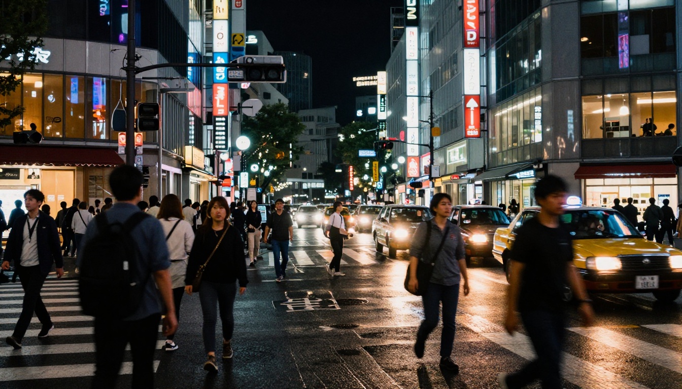Low-angle Tokyo street with authentic night atmosphere