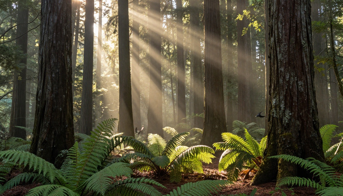 Ancient redwood forest with volumetric morning light shafts