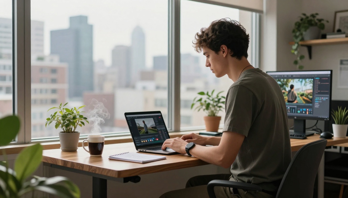 Young creator generating AI video at home studio setup