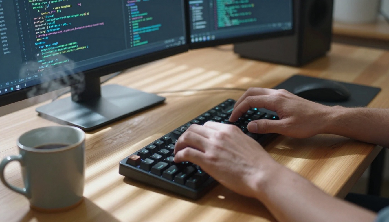Developer coding at dual monitors in a morning-lit workspace
