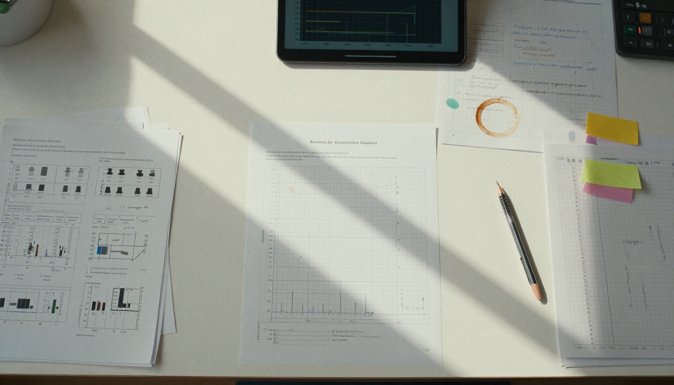Benchmark research desk with printed charts and annotations