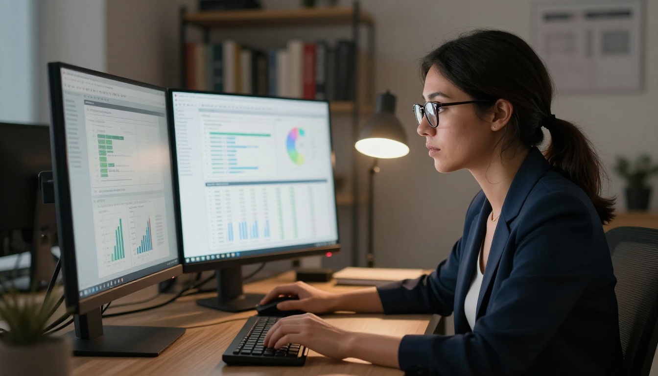 Data scientist studying analytics on ultrawide monitor