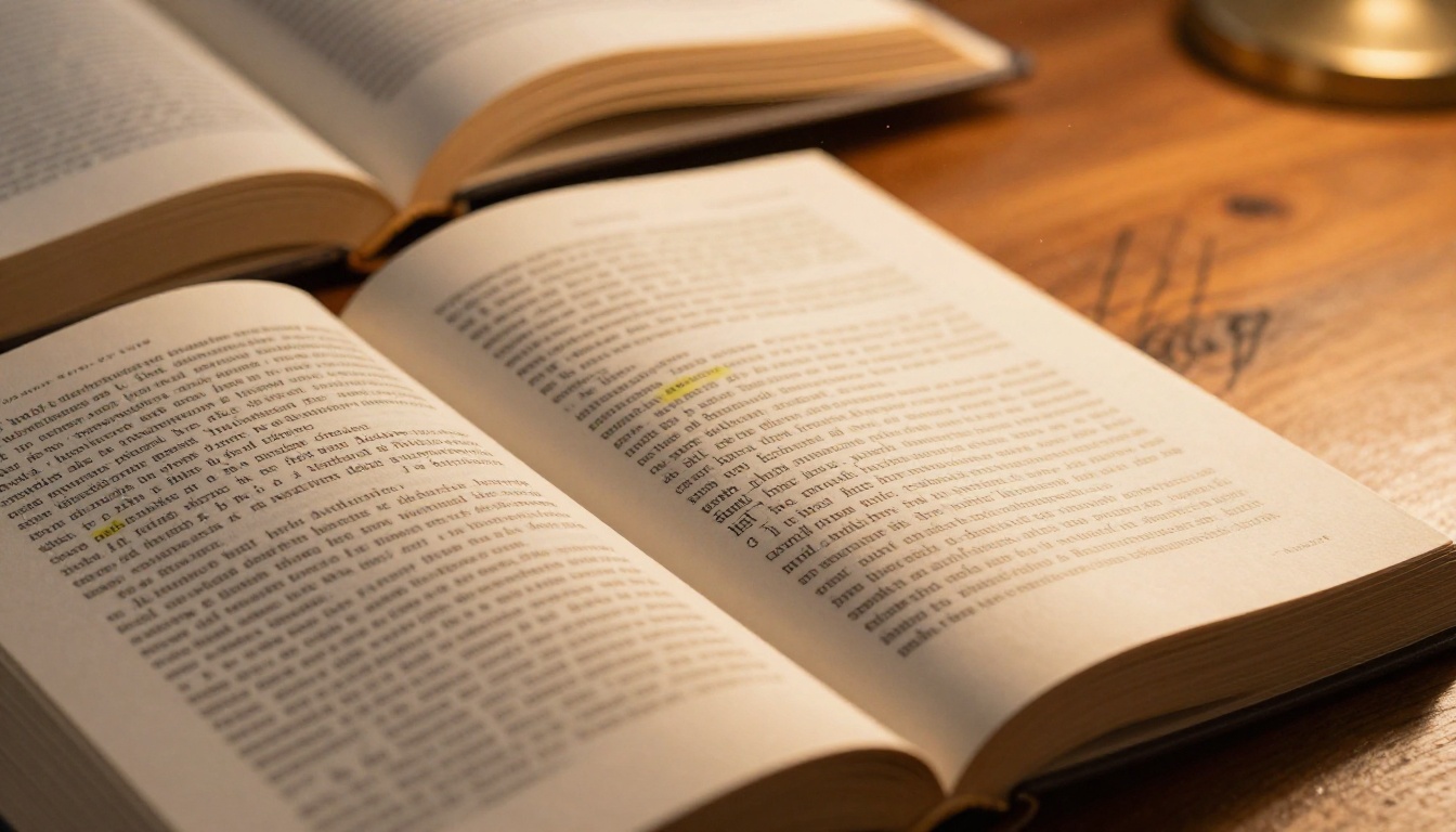 Open macro book pages with highlighted text in warm lamp light Open macro book pages with highlighted text in warm lamp light