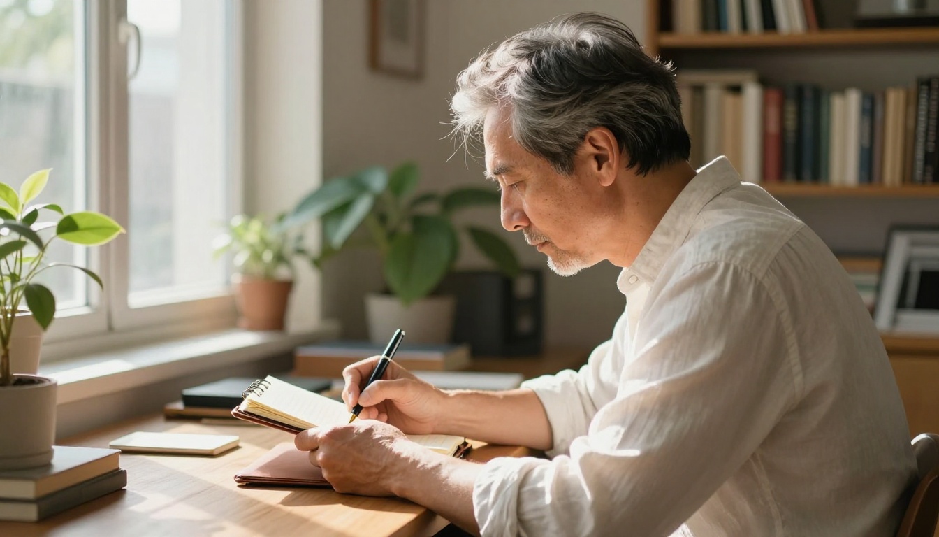 Creative professional writing in a sunlit studio with fountain pen