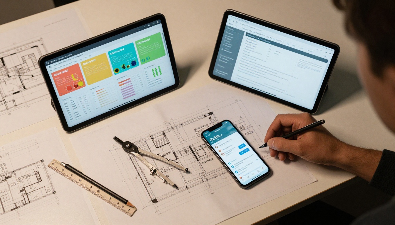 Overhead flat lay of modern workspace with tablet and blueprints Overhead flat lay of modern workspace with tablet and blueprints