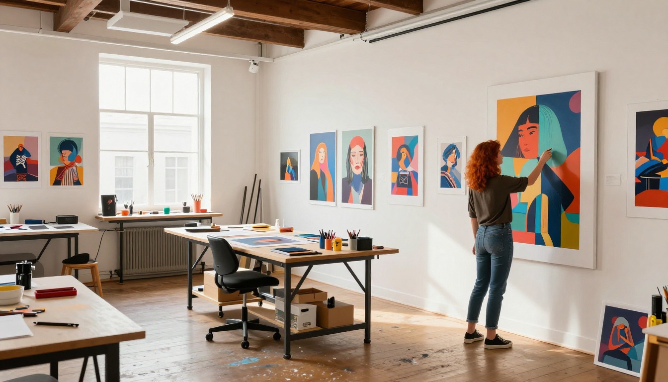 Creative studio with large format art prints on gallery walls Creative studio with large format art prints on gallery walls