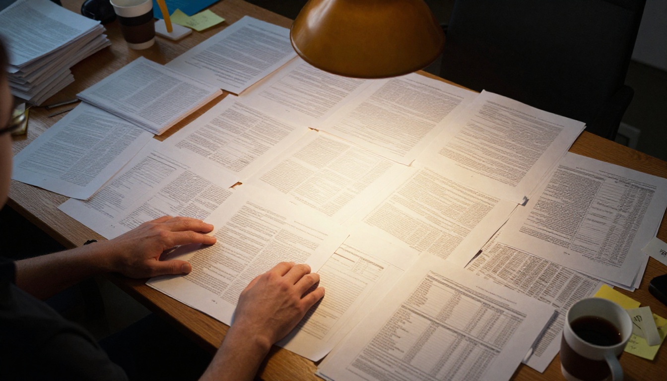 Developer studying an enormous spread of printed documents across a wide oak desk with warm overhead lamp lighting