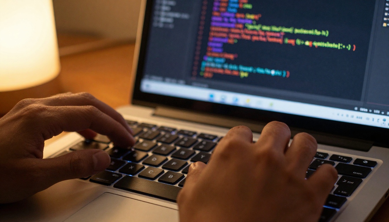 Extreme close-up of developer hands on a mechanical keyboard with a dark IDE code editor on laptop screen