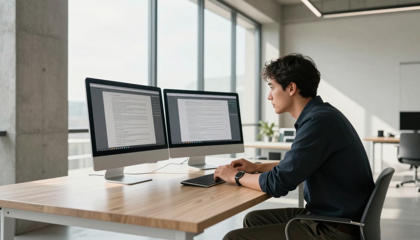 Professional writer comparing outputs on two widescreen monitors in an architectural office with floor-to-ceiling natural light