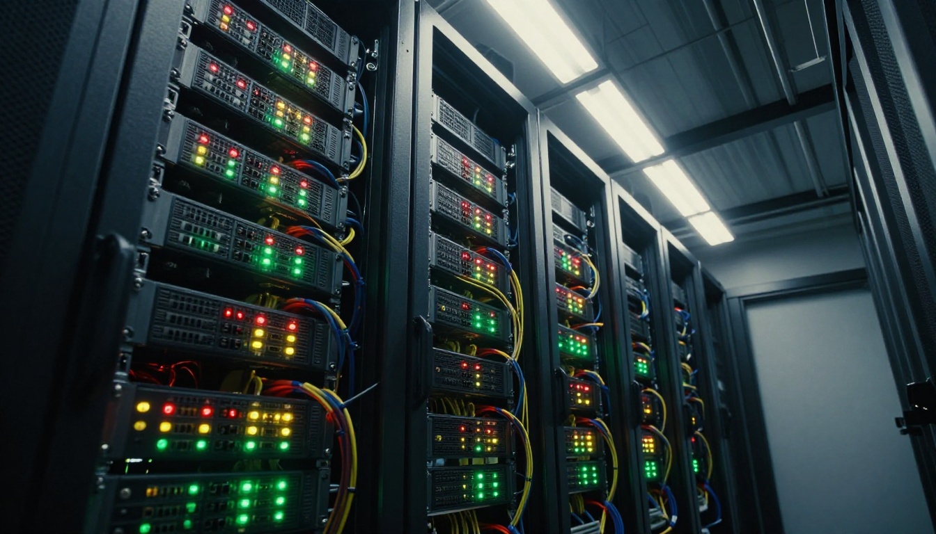 Server rack interior photographed from ground level with blinking LED status lights and dense cable management bundles