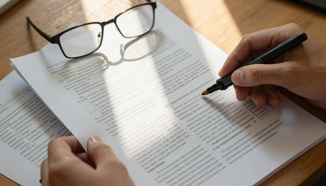 Overhead close-up of hands holding a thick printed research report with reading glasses and highlighter on a wooden table