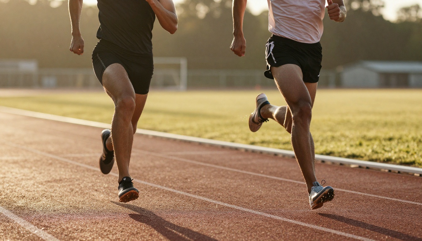 Two elite athletes sprinting side by side at a track stadium captured at ground level with golden hour morning light Two elite athletes sprinting side by side at a track stadium captured at ground level with golden hour morning light