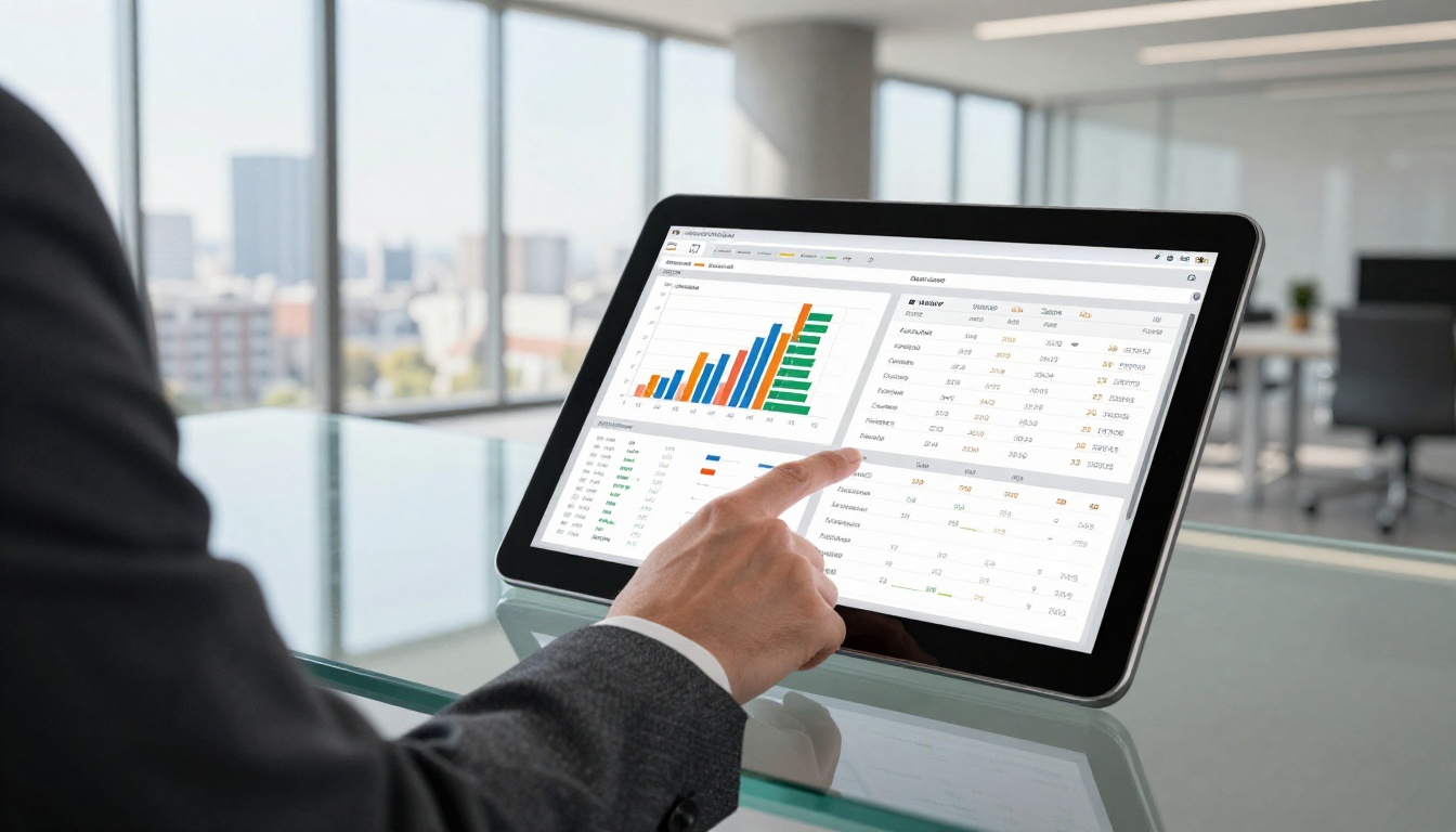 Business professional analyzing performance and pricing comparison charts on a large tablet in a minimalist glass-walled office Business professional analyzing performance and pricing comparison charts on a large tablet in a minimalist glass-walled office