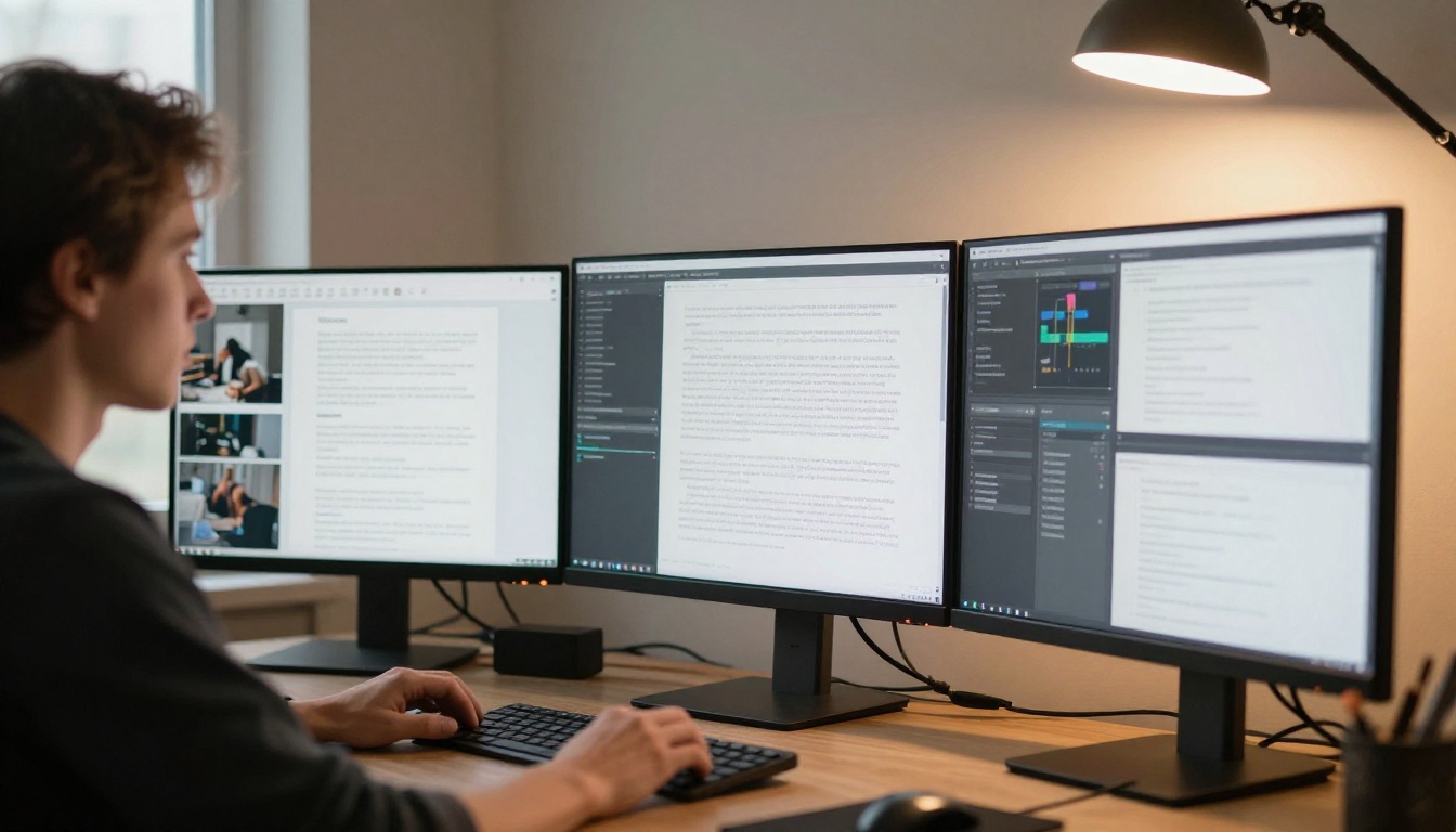 Person in profile studying multiple screens showing text, images, and data visualizations in a modern workspace with mixed natural and desk lamp lighting Person in profile studying multiple screens showing text, images, and data visualizations in a modern workspace with mixed natural and desk lamp lighting