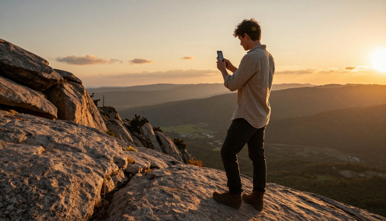 A filmmaker capturing footage with a smartphone in golden hour light on a rocky mountain overlook