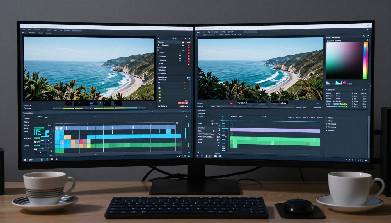 Professional 4K video editing suite with reference monitor showing a coastal drone shot and color grading panels