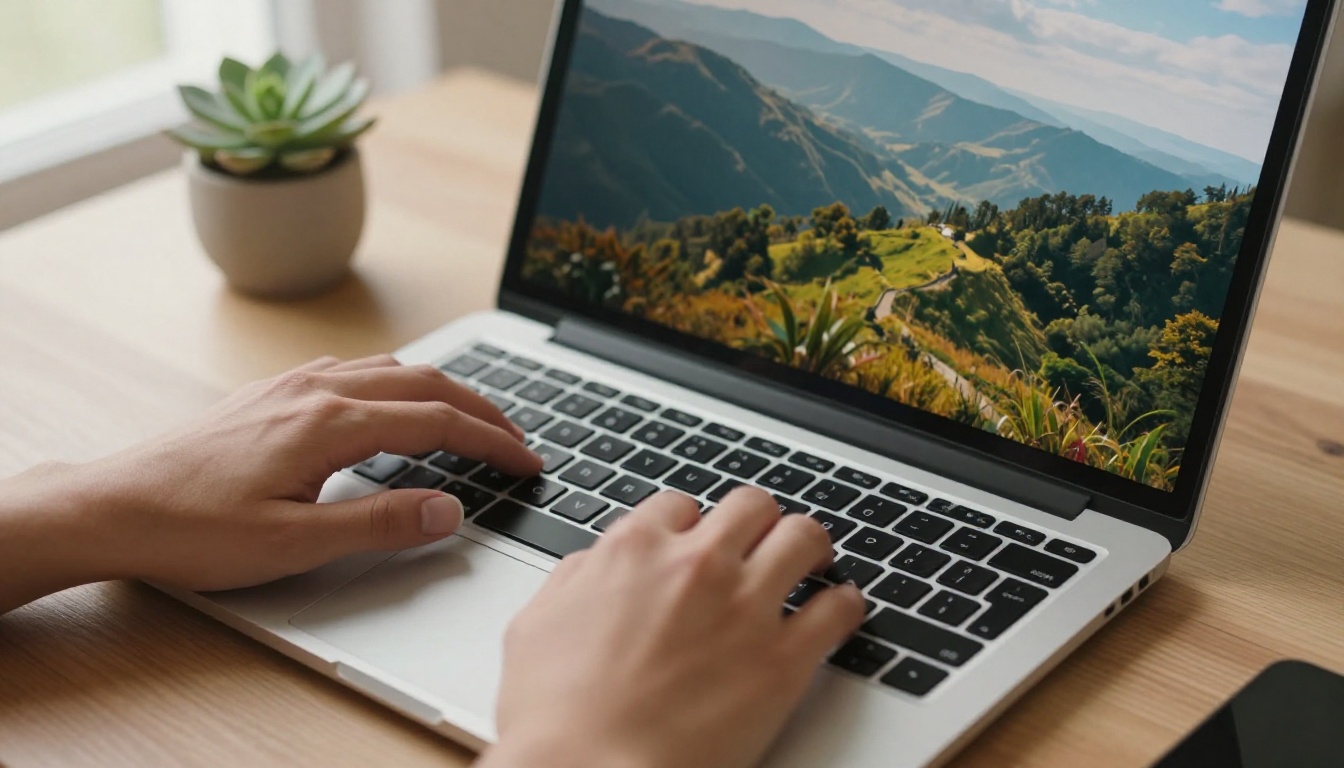 Close-up overhead shot of hands typing on a laptop keyboard with an AI-generated landscape visible on the screen